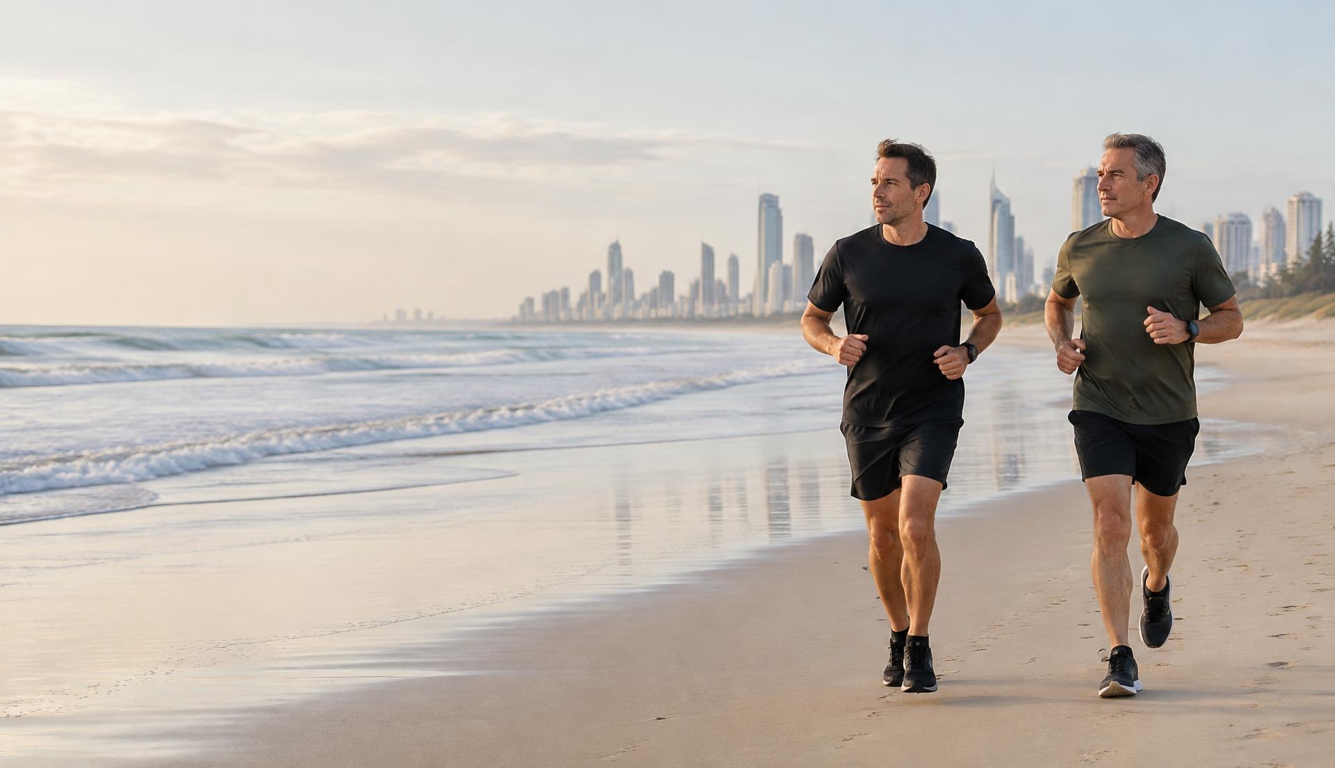 Two men running together on a Gold Coast beach
